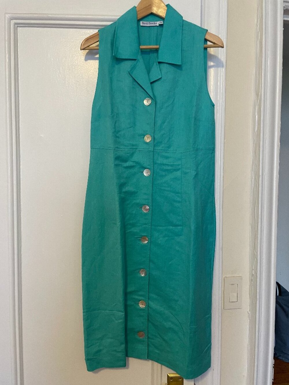 Aqua Linen Collared Sheath Dress with Shell Buttons